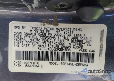 2013 Toyota Corolla Le from USA, damaged, VIN 5YFBU4EE8DP204596